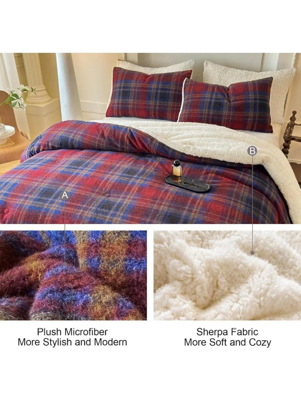 Cozy Plaid Sherpa Comforter Set, 3-Piece Fluffy Fleece Bedding, Queen Size